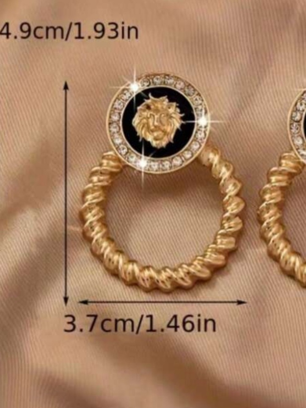 Gold Lion Head Braided Hoop Earrings - Black Accent - Picture 3 of 5